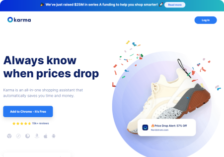 Online shopping assistant advertisement with a sneaker and confetti.