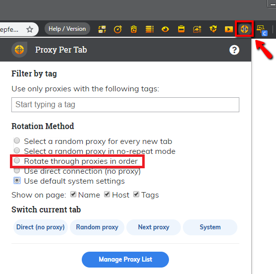 Proxy extension settings with rotation method menu.
