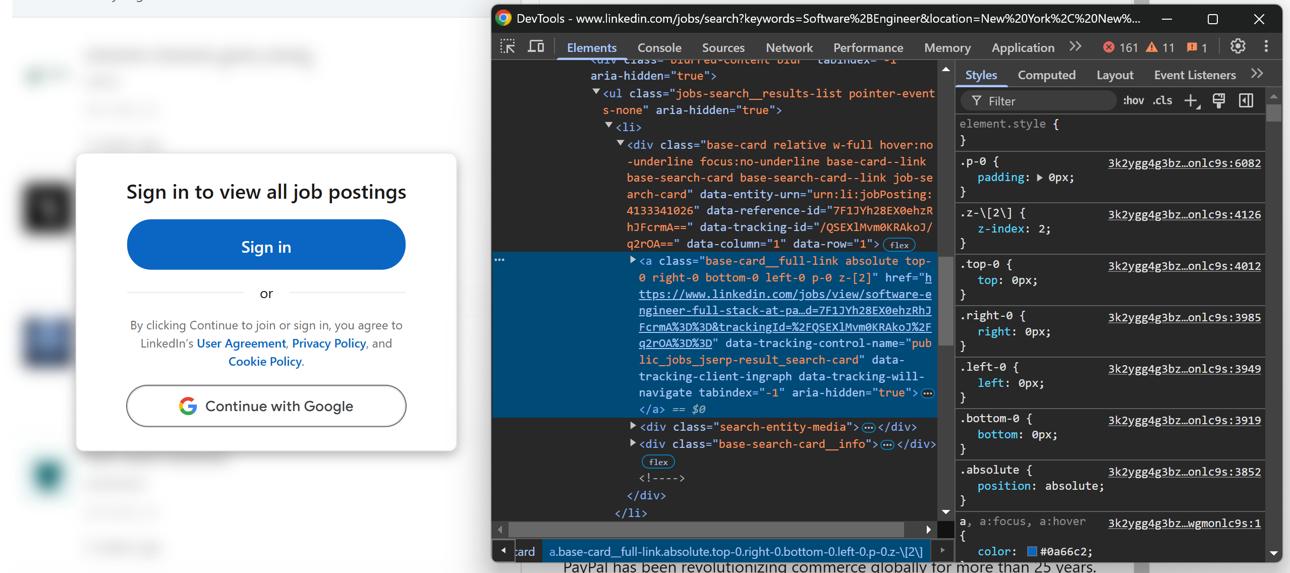 The blurred job cards have the same HTML structure as the non-blurred ones