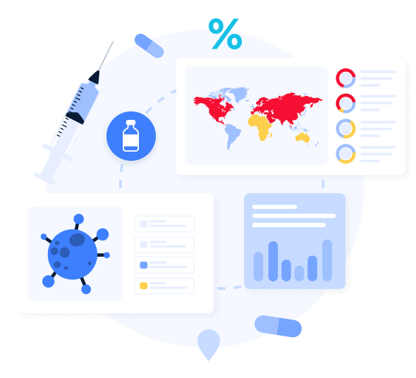 Vaccination, virus, global statistics, charts, injector, and medication symbols.