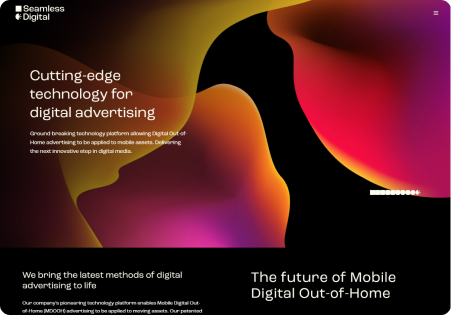 Colorful abstract background with digital advertising text overlays.