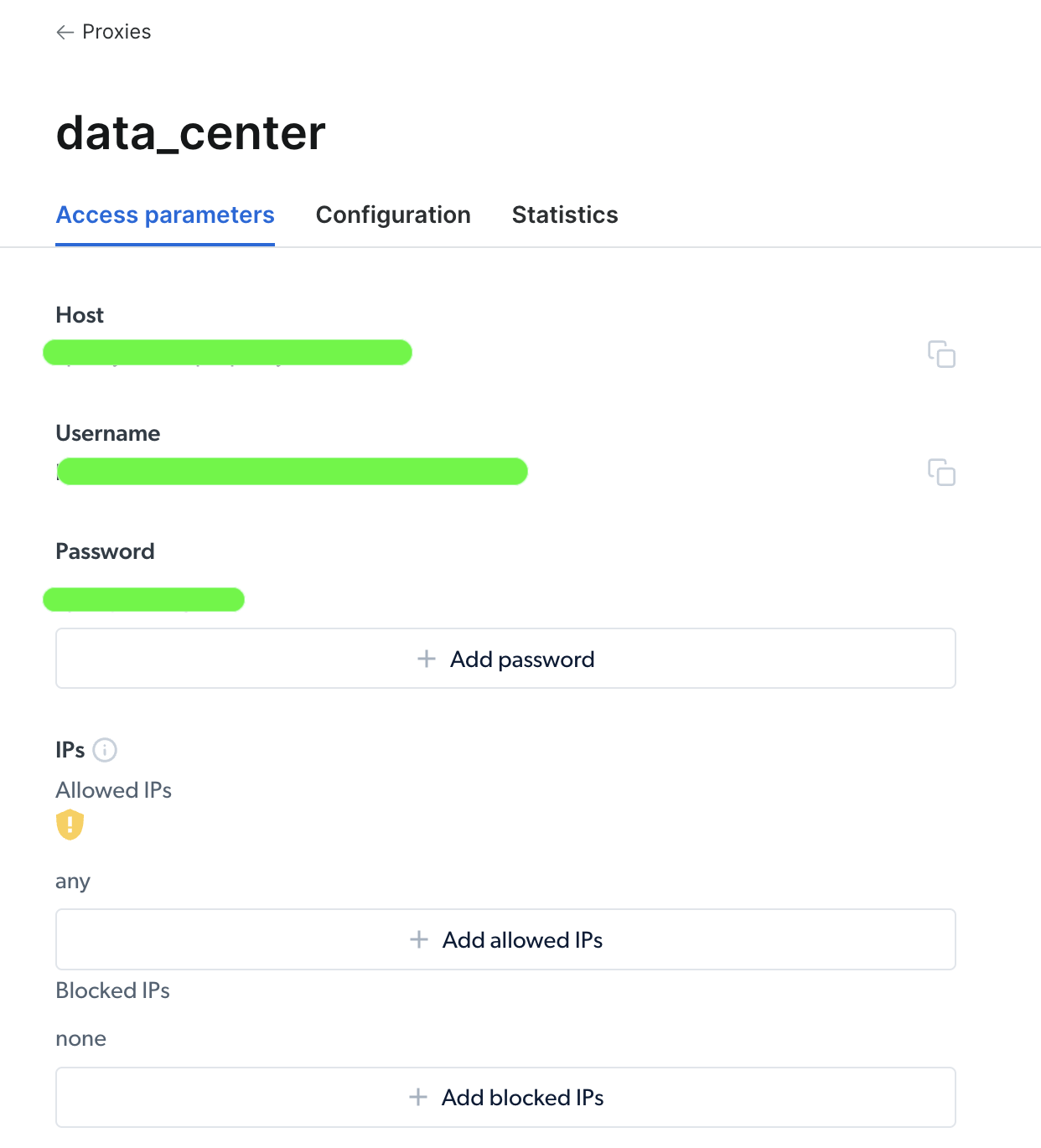 Tela de Parâmetros de Acesso do Datacenter para configuração de proxy.