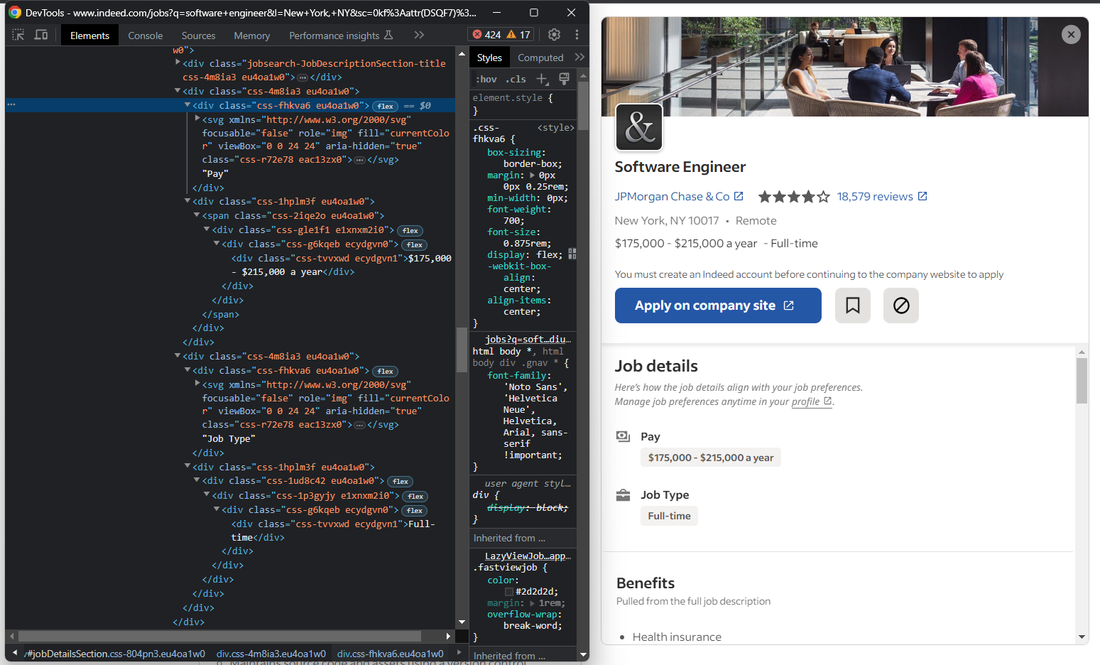 'Job details' section on Indeed showing pay and job type elements