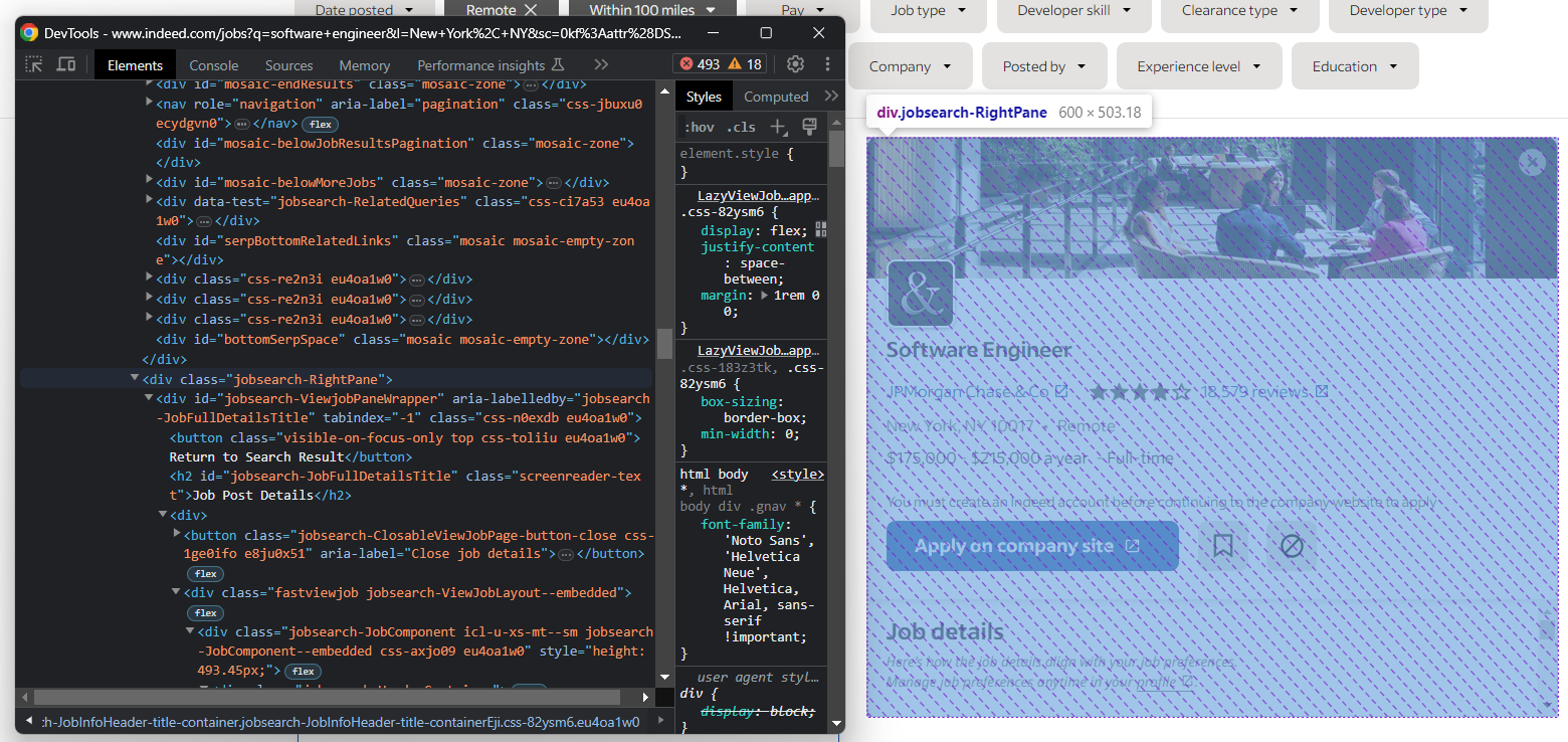 Selenium script using WebDriverWait for '.jobsearch-JobInfoHeader-title', highlighting the job title retrieval and the detail column