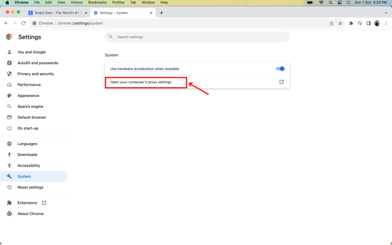 Configurações do Chrome mostrando a opção de configurações de proxy destacada.