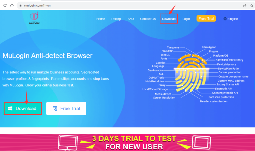 MuLogin Anti-detect Browser website homepage with download options.