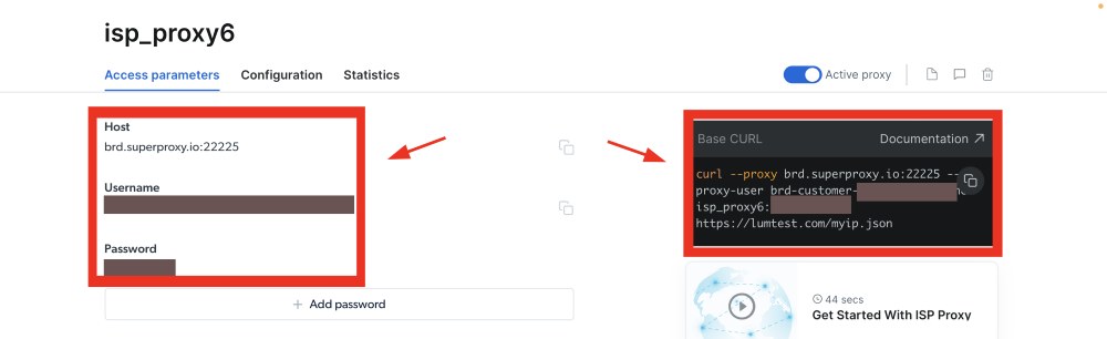 ISP proxy access parameters and Base cURL command.