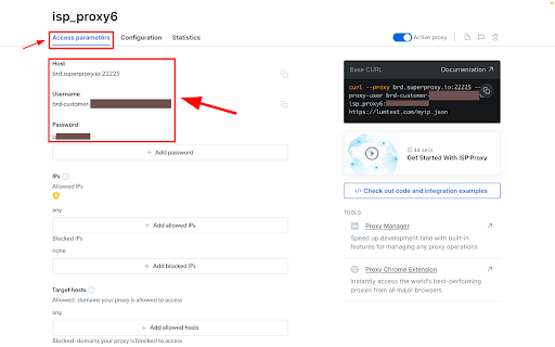 Proxy server access parameters with host, username, password.