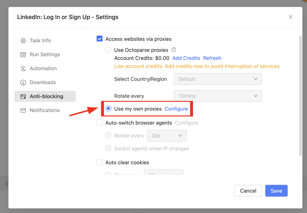 Settings menu with proxy configuration options selected.