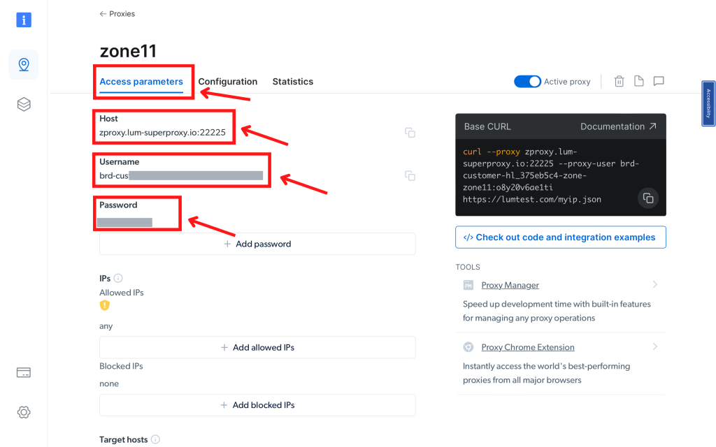 Proxy setup page showing host, username, and password.