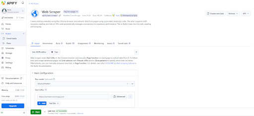 Web Scraper tool interface in Apify platform.