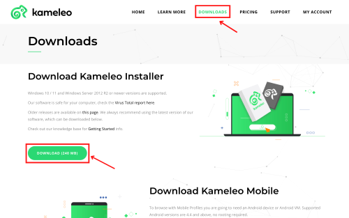 Kameleo website downloads page with download button highlighted.