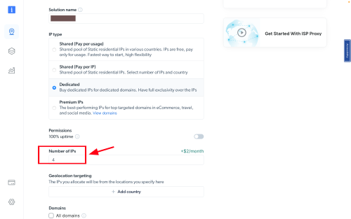Página de configurações com número IP definido como 4.
