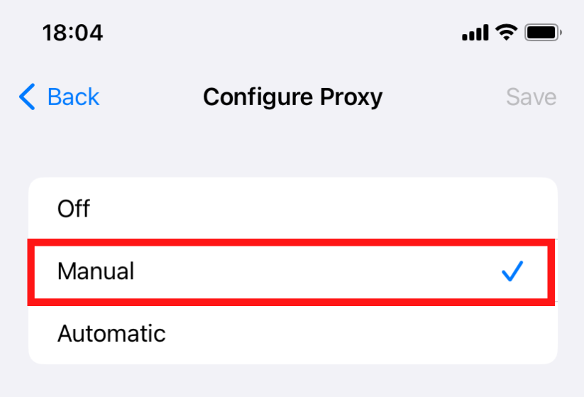 Tela de configurações de proxy com Manual selecionado.