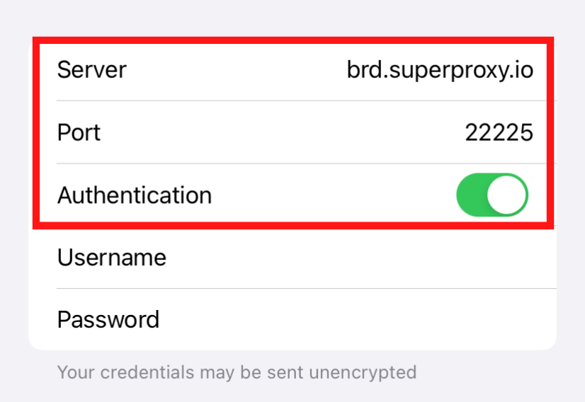 Configurações do servidor proxy com autenticação habilitada.