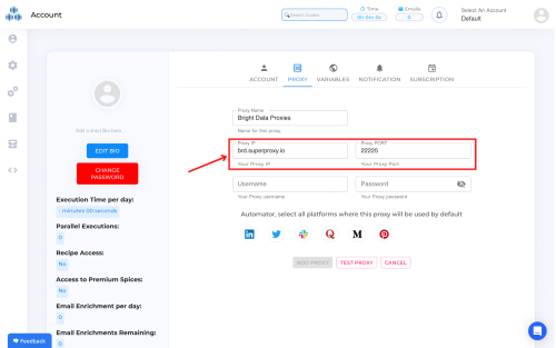 Account proxy settings page with various configuration options.