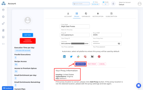 Account page showing proxy settings and user information.
