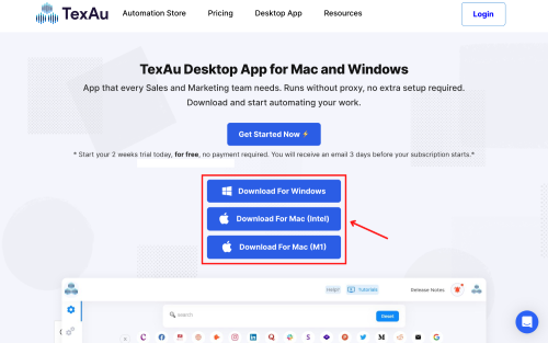 Download options for TexAu Desktop App on website.