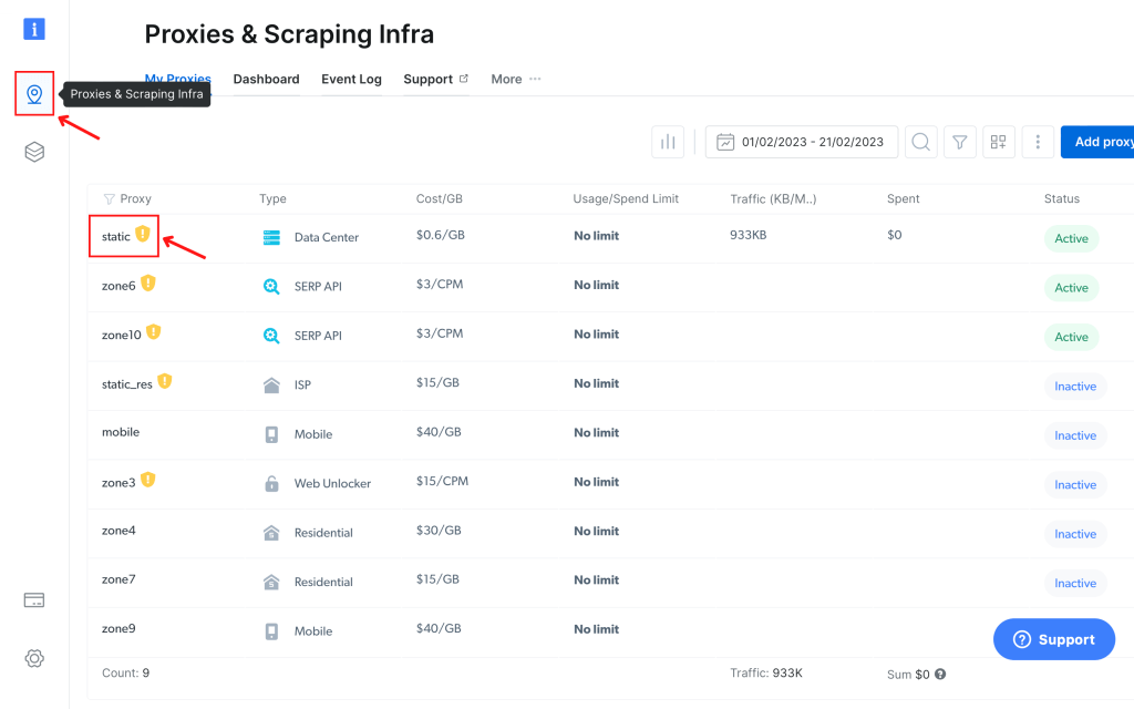 Dashboard of proxy usage and costs.