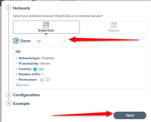 Tela de configuração de rede com zona ISP selecionada.