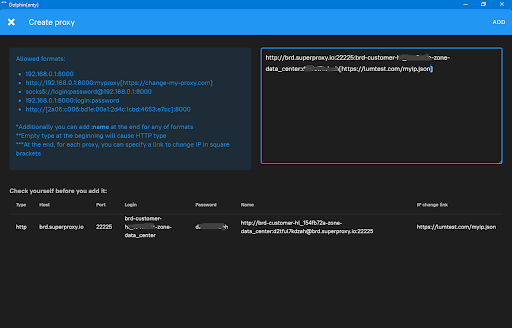 Tela de configuração do proxy com endereço e detalhes do servidor.