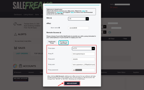 Form for adding eBay account with proxy settings.