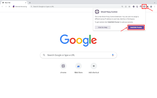 Chrome browser with Ghost Proxy extension instructions displayed.