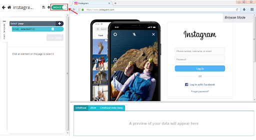 Página de login do Instagram com uma visualização da imagem exibida.