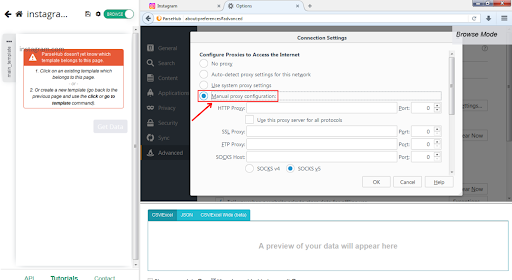 Definir configurações manuais de proxy nas opções do navegador.