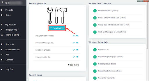 Dashboard com tela de criação de projetos e tutoriais.