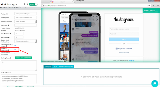 Interface da ferramenta de raspagem do Instagram para extração de dados.