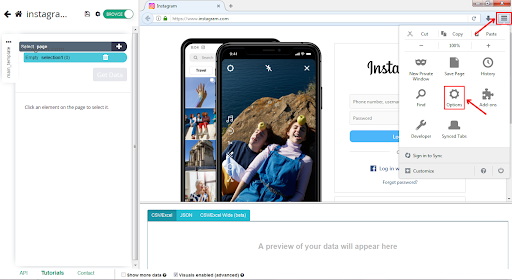 Página do Instagram com ferramenta de simulação de tela do telefone.