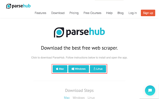 Opções de download do ParseHub: Mac, Windows, Linux.