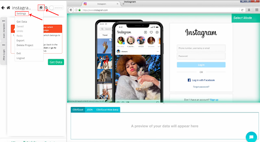 Página do Instagram com menu de configurações aberto.