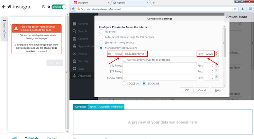 Configurações de proxy em uma captura de tela da janela do navegador.