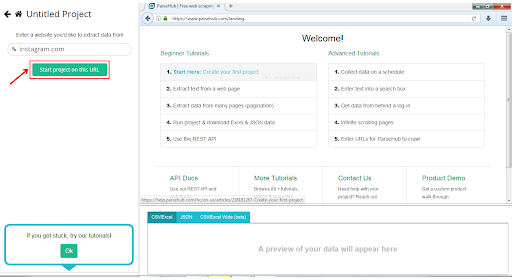 Interface da ferramenta de web scraping com tutoriais e instruções.