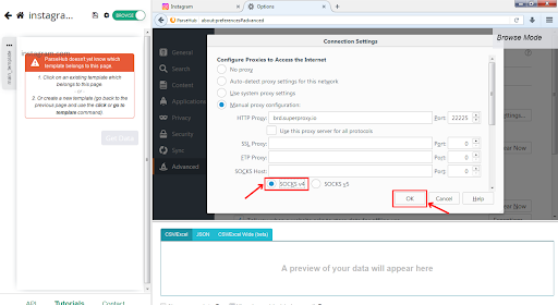 Definir configurações de proxy na janela de opções do navegador.