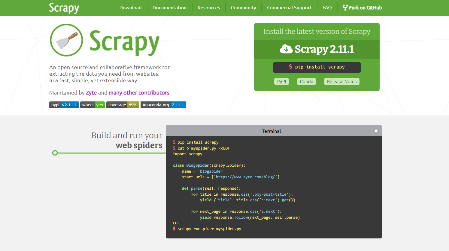 Página inicial do site do Scrapy
