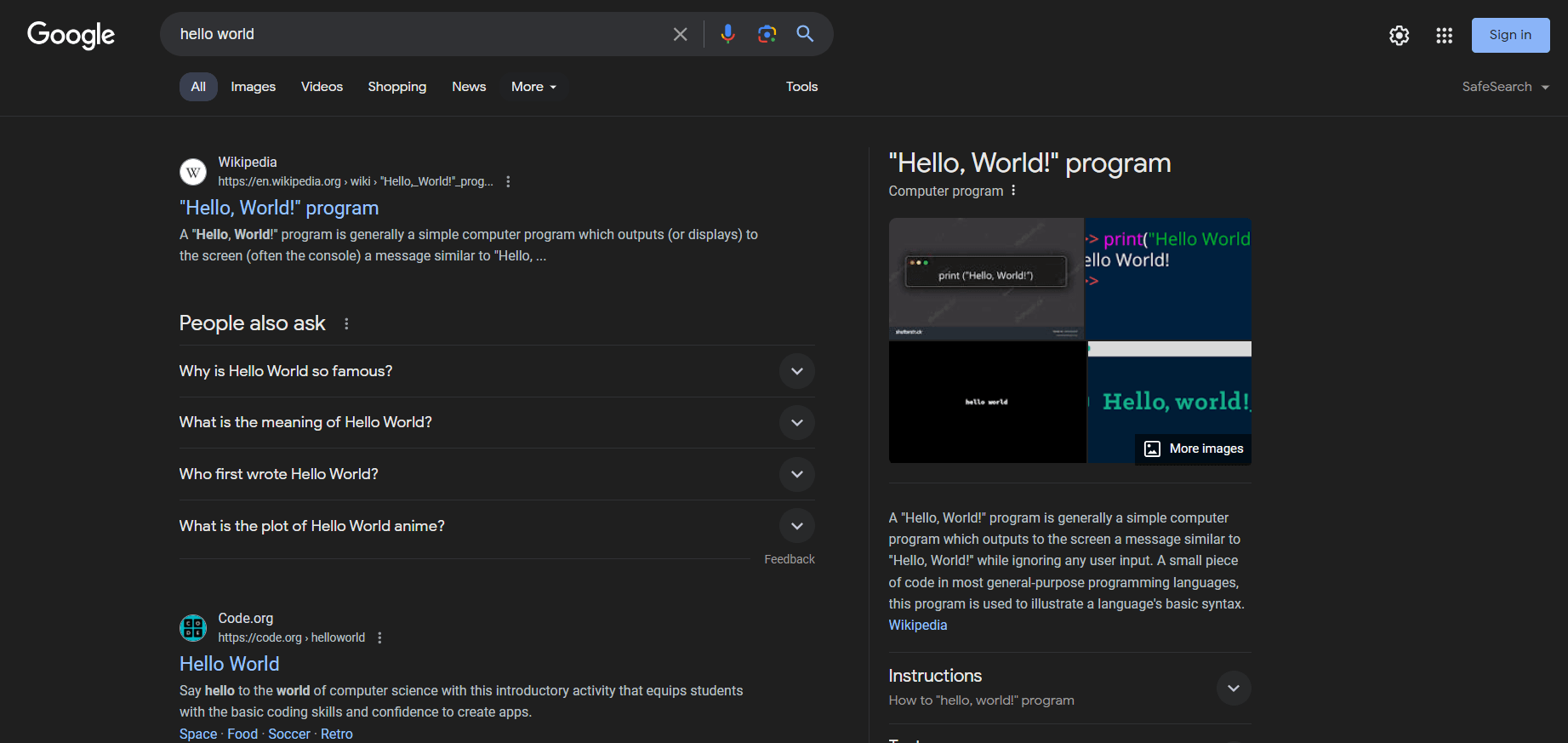 Example of how the Google search results page looks like