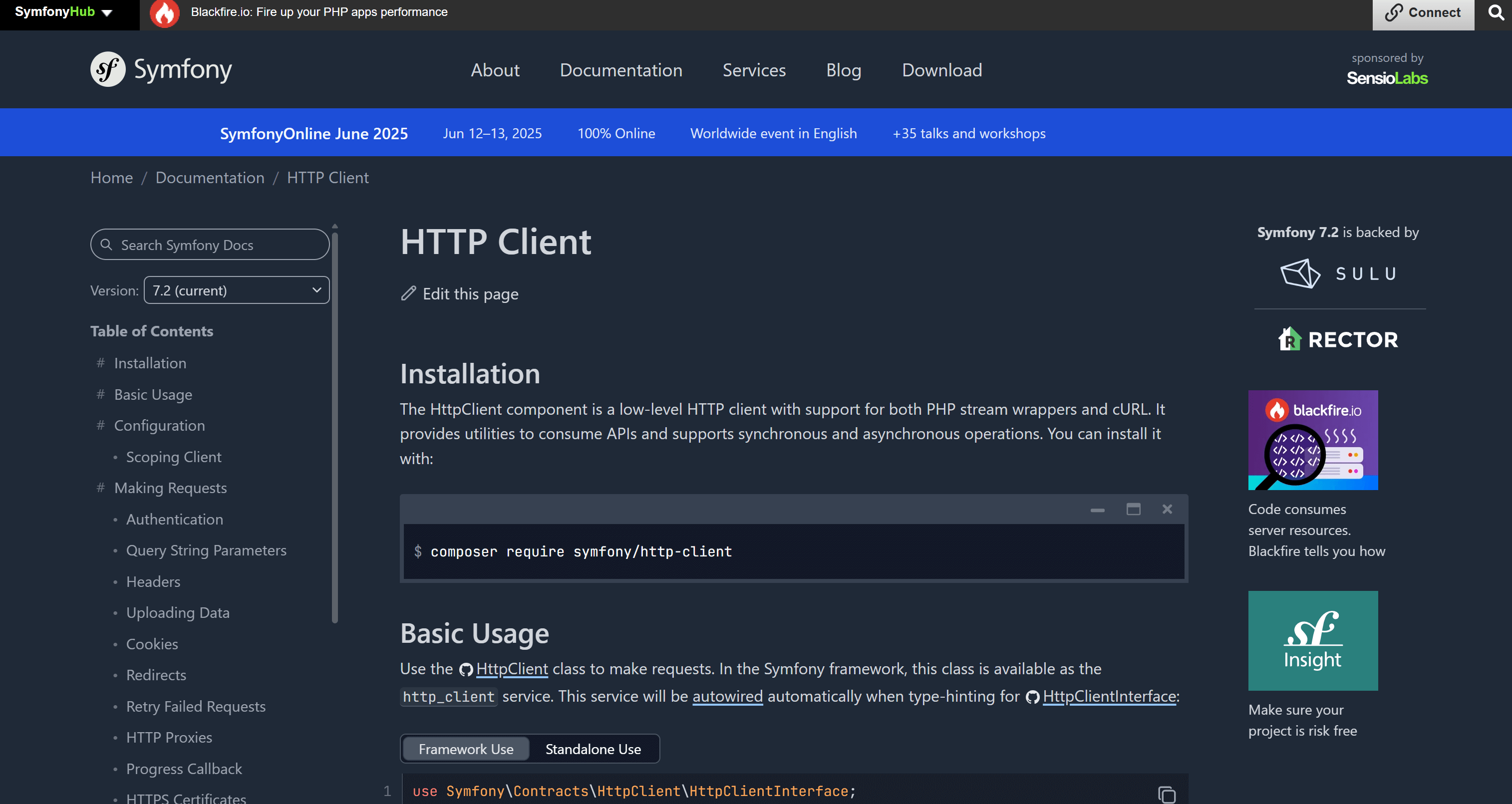 Página Symfony do HttpClient