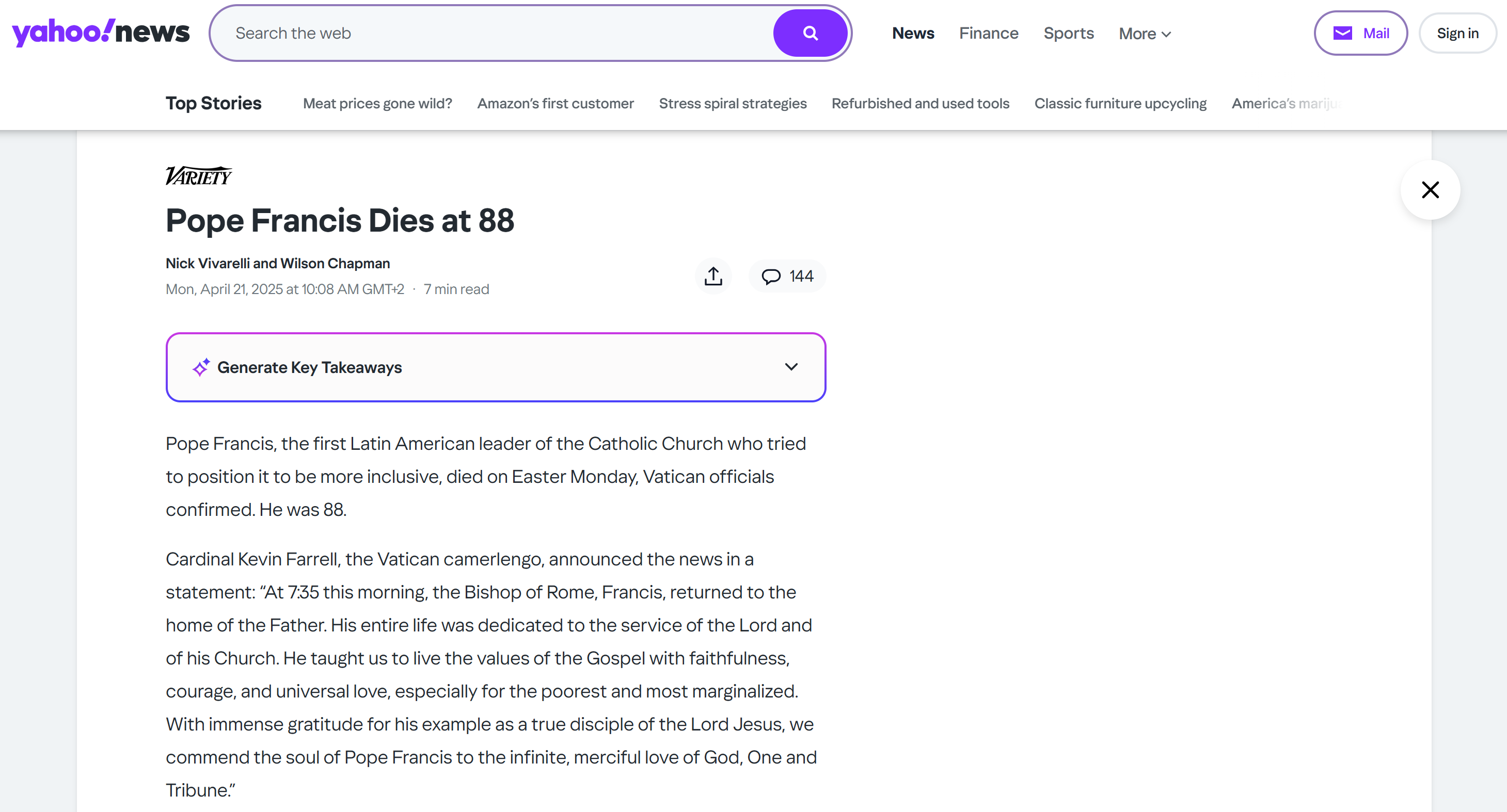 O artigo alvo do Yahoo News