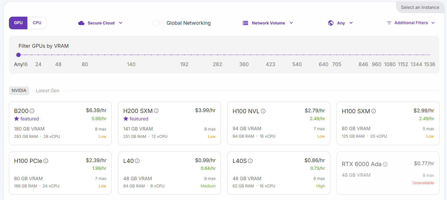 Choosing different types of GPUs in RunPod