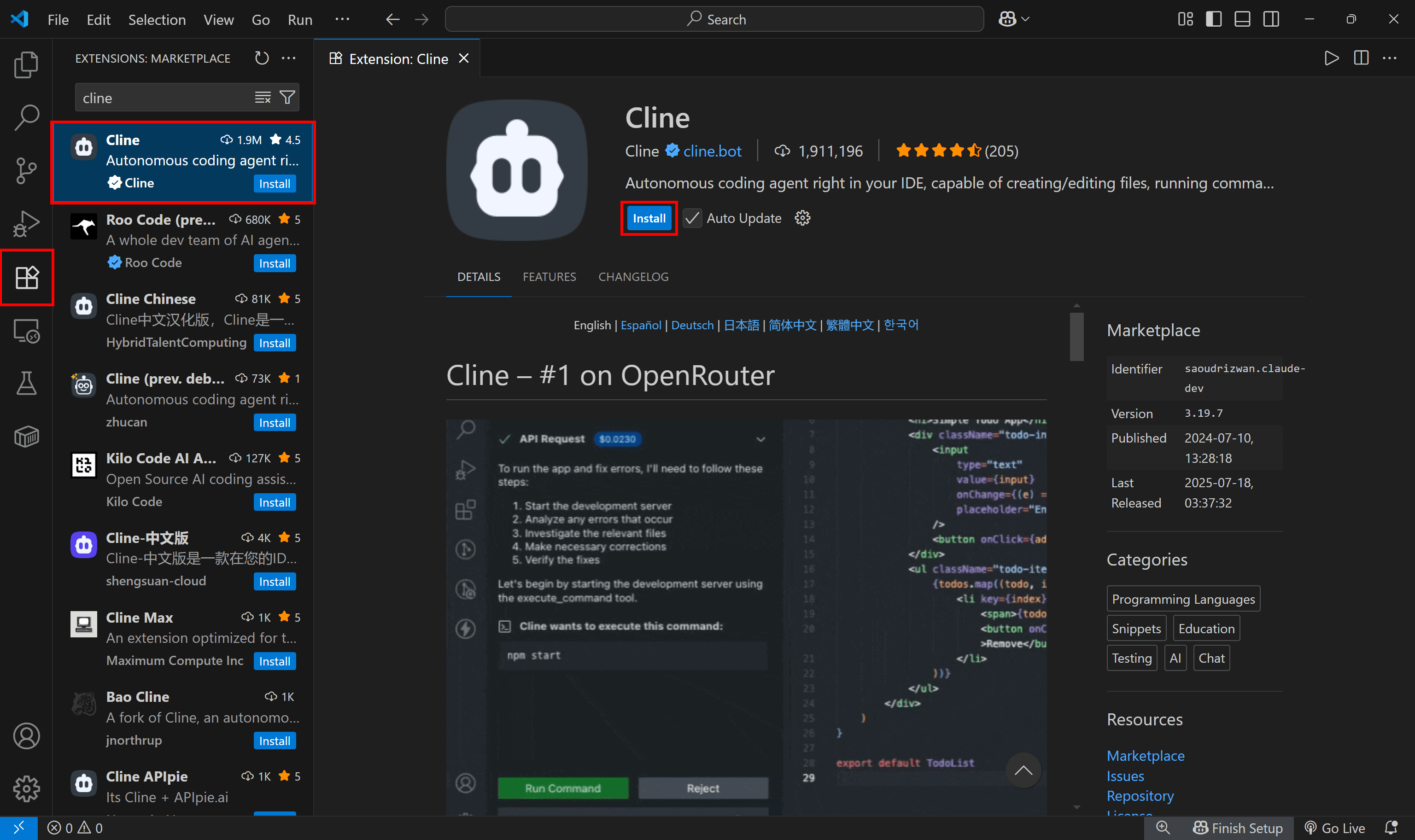 Clicar no botão "Install" para instalar o Cline no VS Code