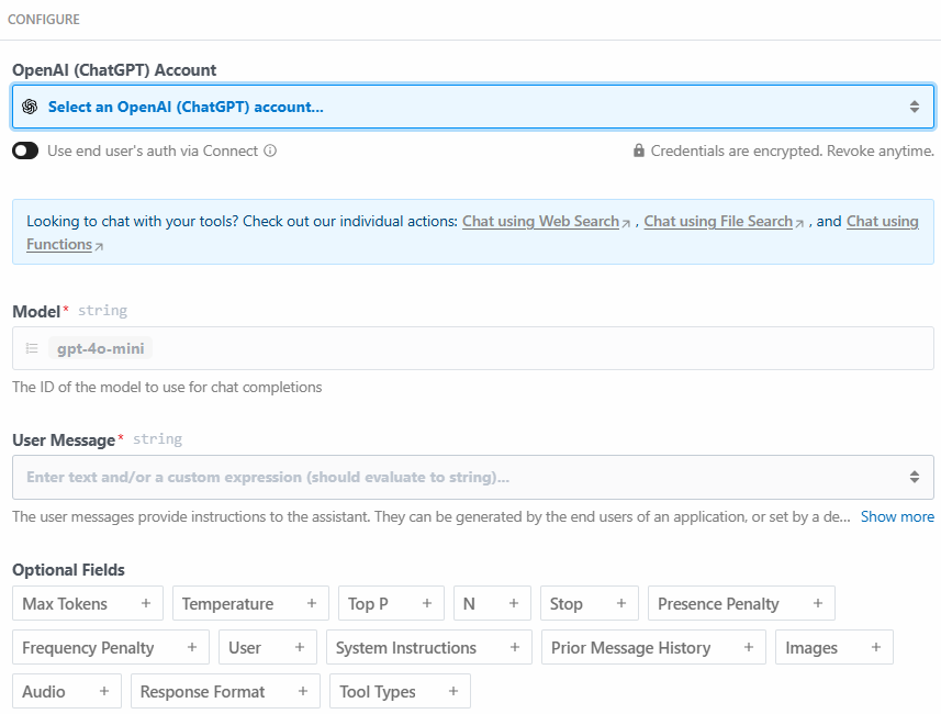 Configuração da opção de bate-papo da OpenAI