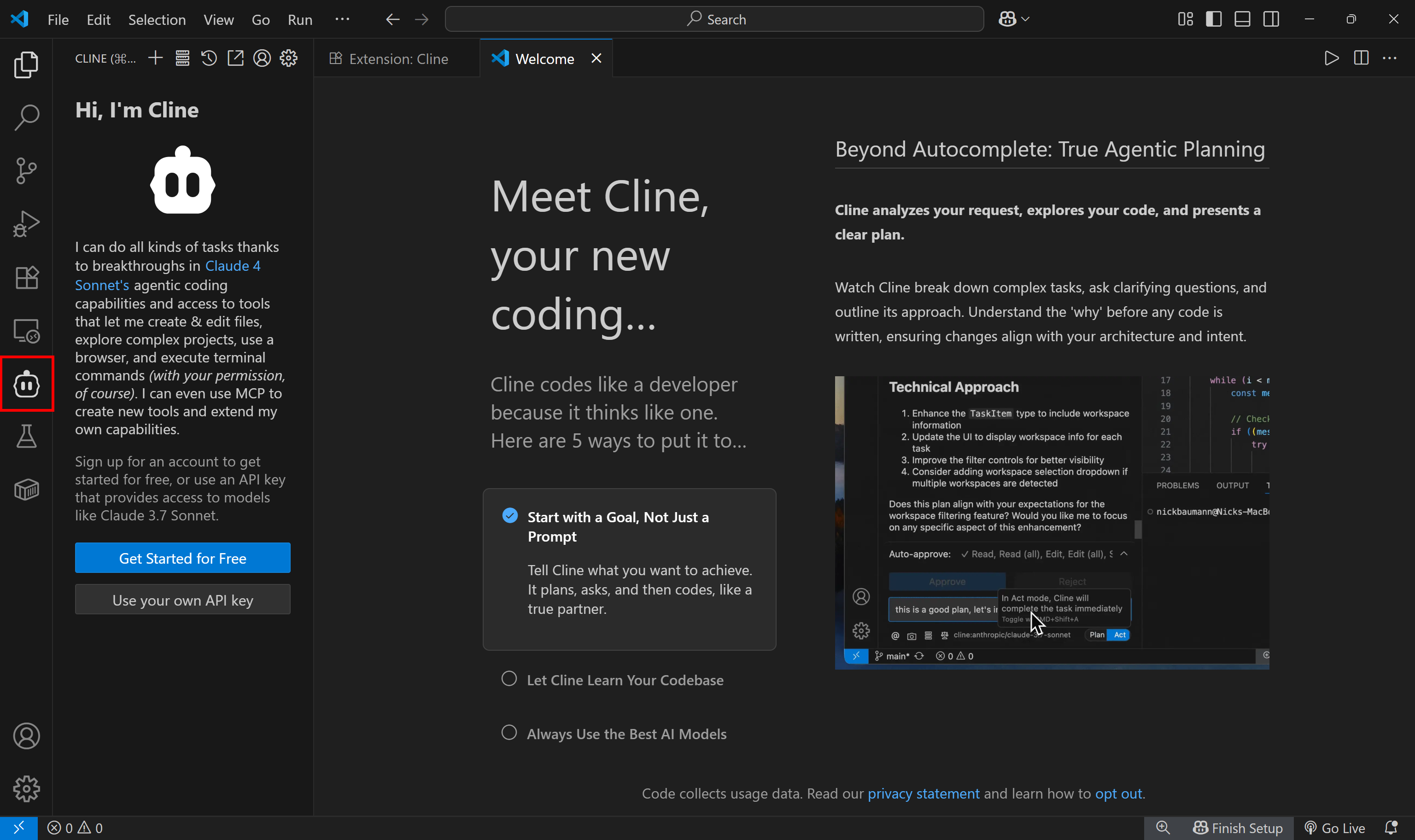 Cline ativado no VS Code
