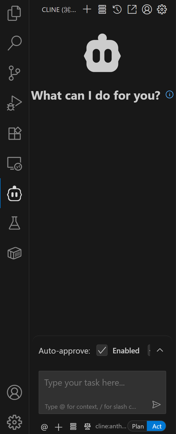 O painel de extensão do Cline no VS Code