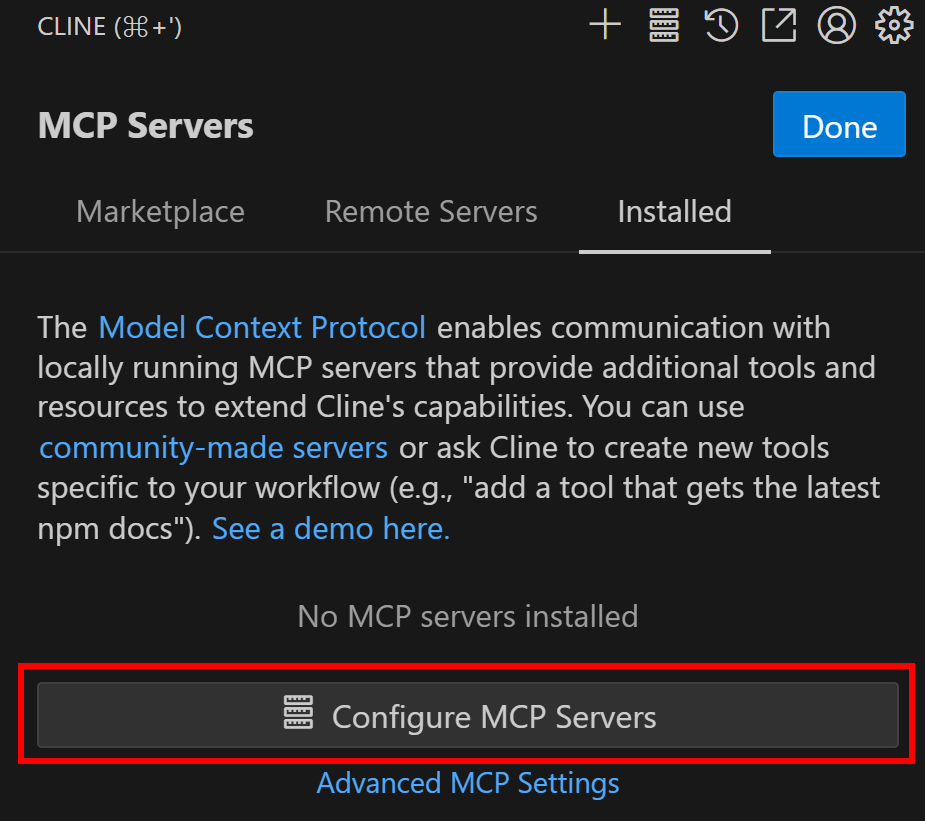 Clicar no botão "Configure MCP Servers" (Configurar servidores MCP)