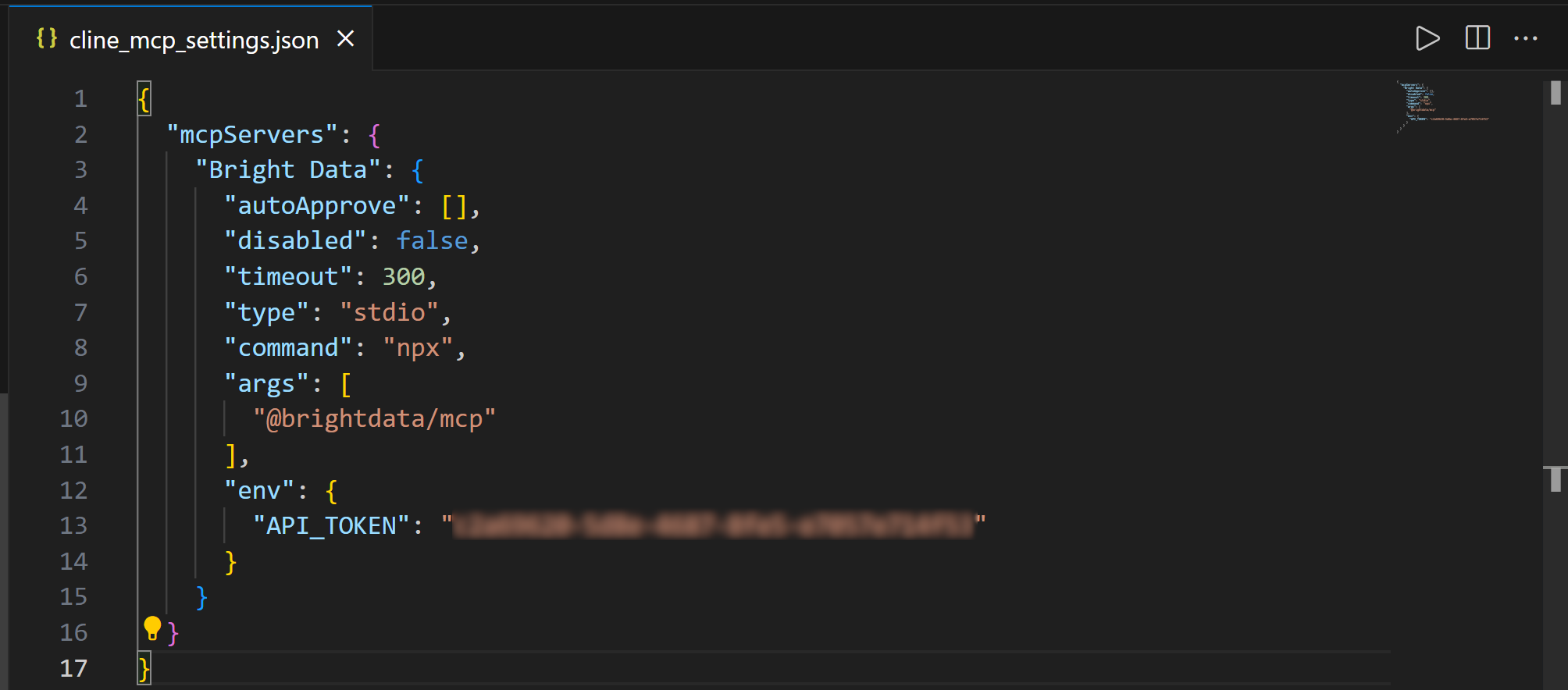O código JSON para a conexão do servidor MCP