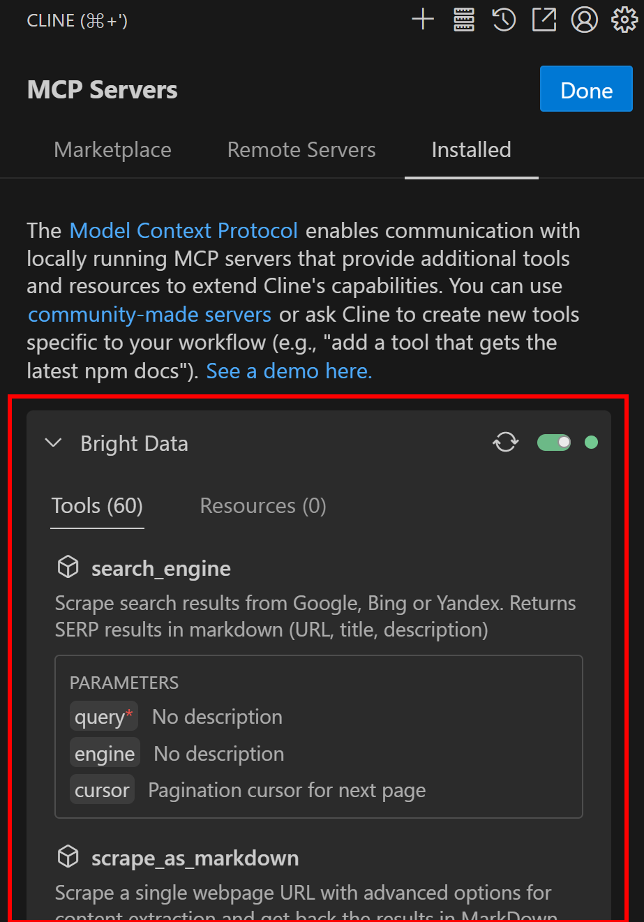 O servidor Bright Data Web MCP conectado