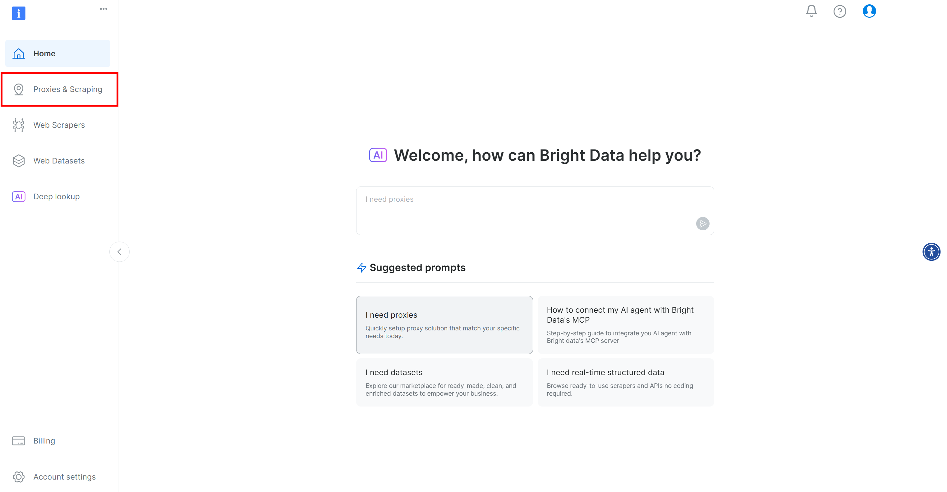Clicar no botão "Proxies & Scraping" no painel do Bright Data